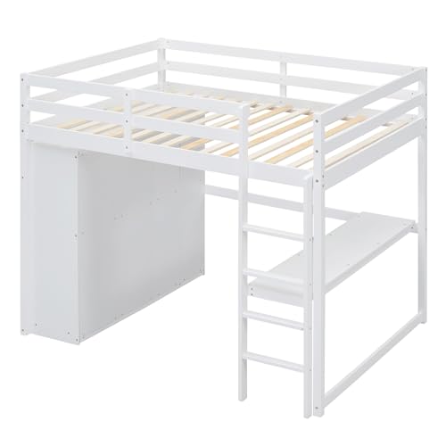 Full Size Loft Bed with Desk & Wardrobe, Solid Wood Kids Loft Bedframe w/3 Storage Drawers & 2 Shelves, Maximum Space Design, for Bedroom, Dorm, Gray