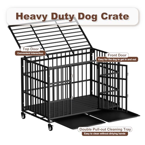 54 Inch Heavy Duty Dog Crate with Wheels，Indestructible Escape-Proof Dog Cage for Large Dogs