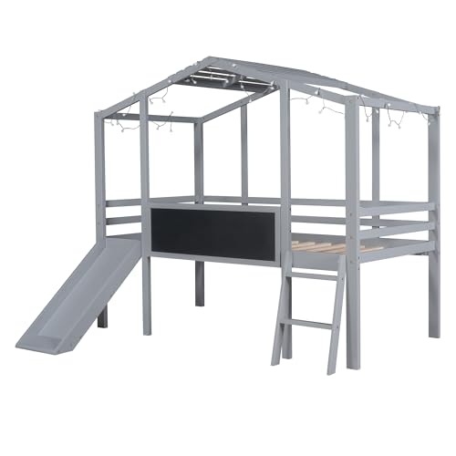 Harper & Bright Designs Kids Twin Low Loft Bed with Slide and Storage Shelves, Wood Playhouse Loft Bed Frame with a Tent & Stairs