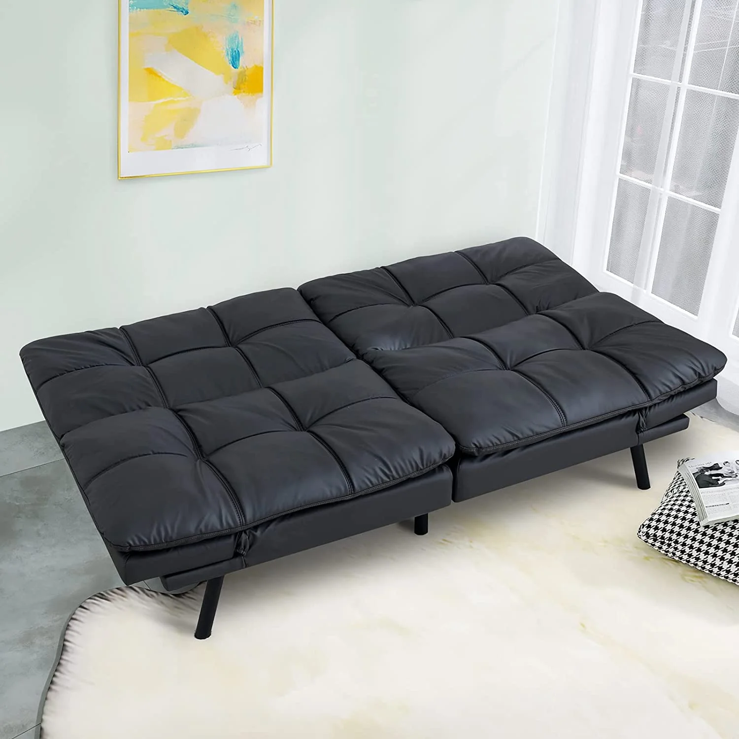 Convertible Futon Sofa Bed,Black Leather Memory Foam Loveseat Futons Sofa Couch,Small Euro Lounger Sofa For Compact Living Spaces,Apartment,Dorm