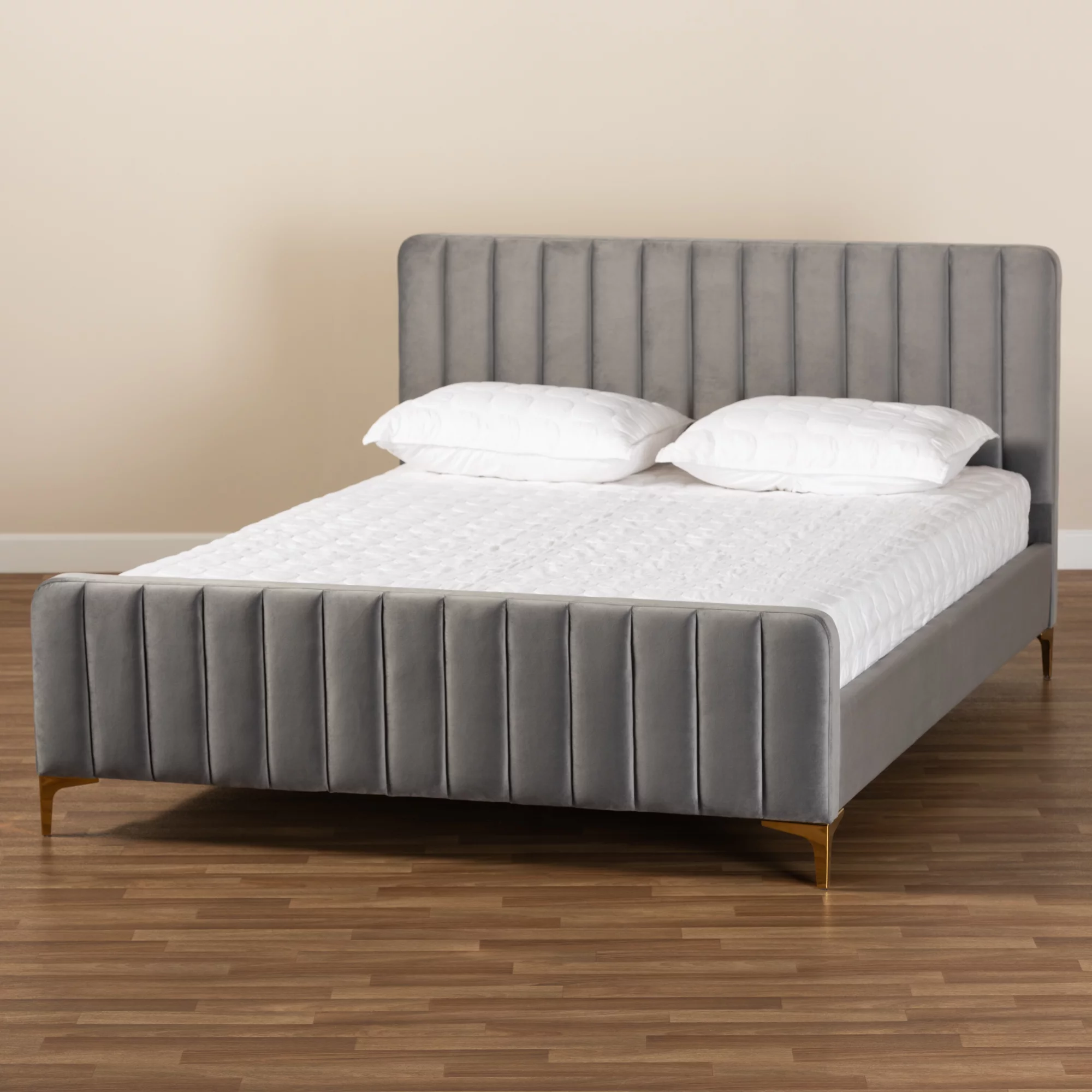 Baxton Studio Nami Modern Contemporary Glam and Luxe Light Grey Velvet Fabric Upholstered and Gold Finished Queen Size Platform Bed