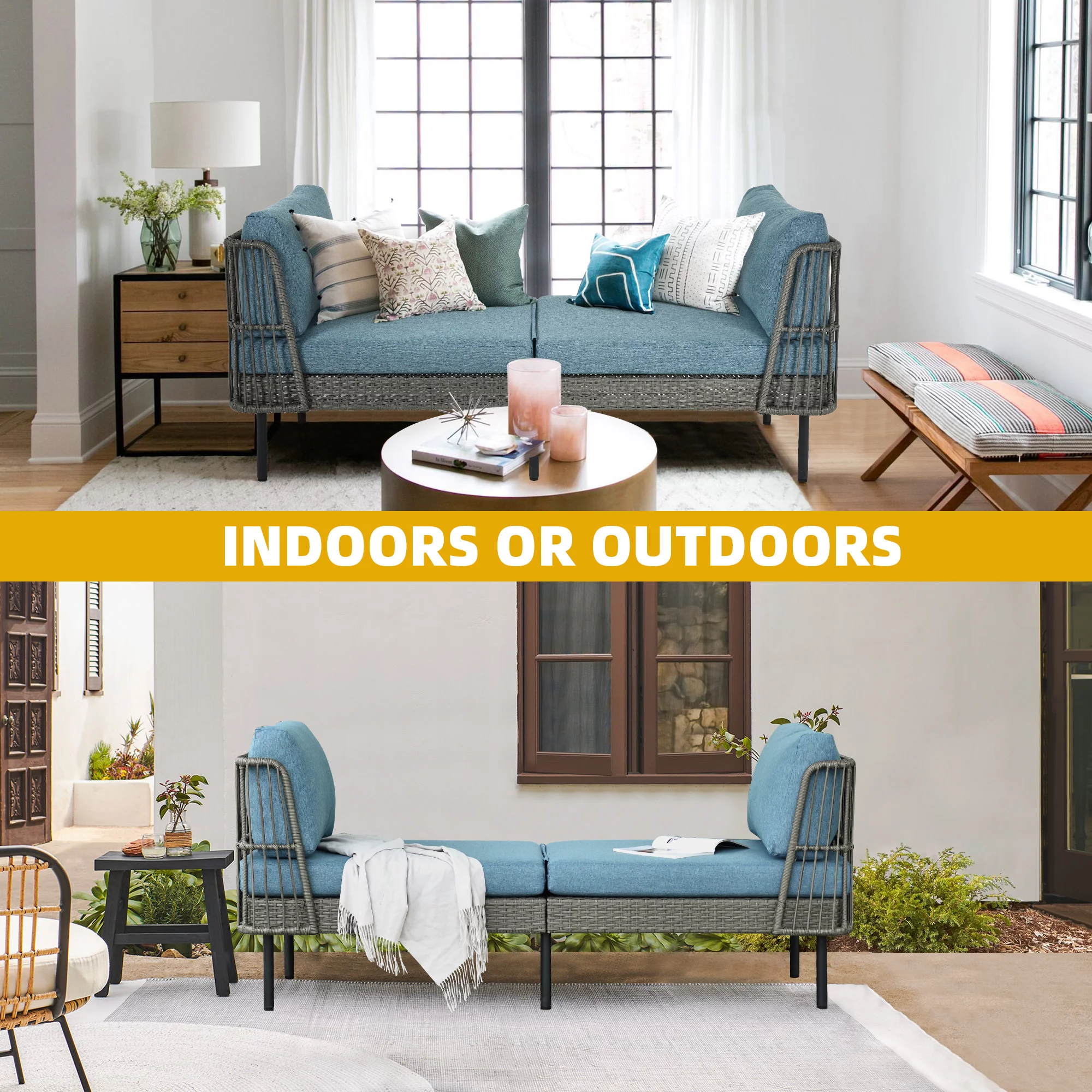 DWVO 74in Outdoor Daybed Wicker Patio Sofa Bed With Thickness Cushion Indoor Bed Lounger for Balcony Garden Deck Lawn - Blue