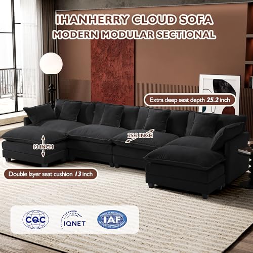 Ihanherry 111.4" U Shaped Modern Cloud Sofa Modular Sectional Couch with 2 Ottoman, 5-Seat Chenille Deep Seat Sofa with Pillow for Living Room