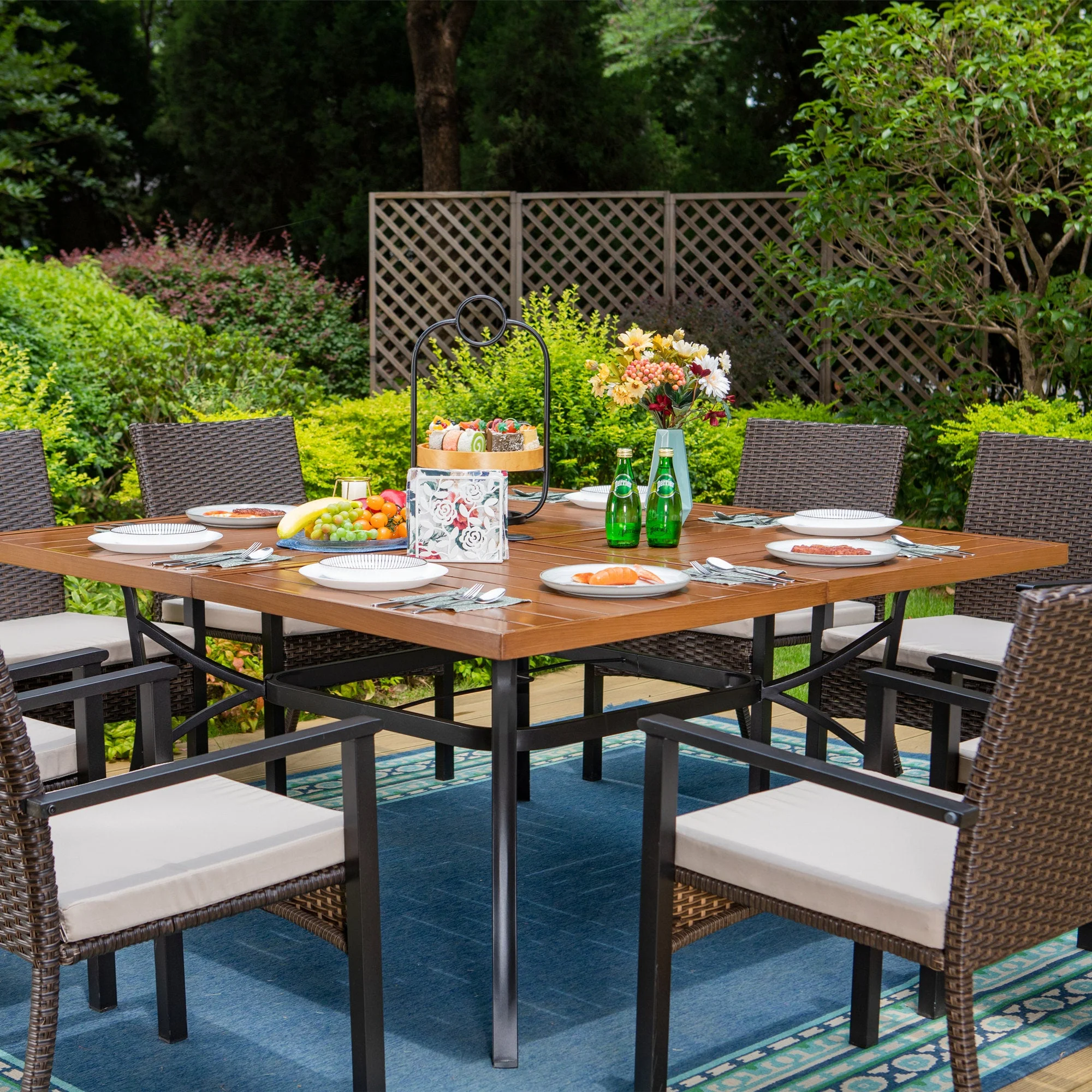 Summit Living 9-Piece Outdoor Dining Set with Wood Grain Table & Wicker Cushioned Chairs for 8-Person, Black & Beige