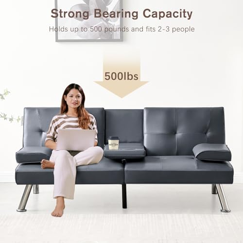 Faux Leather Convertible Folding Futon Sofa Bed with 2 Cup Holders, Sleeper Couch Bed with Removable Armrests, Metal Legs