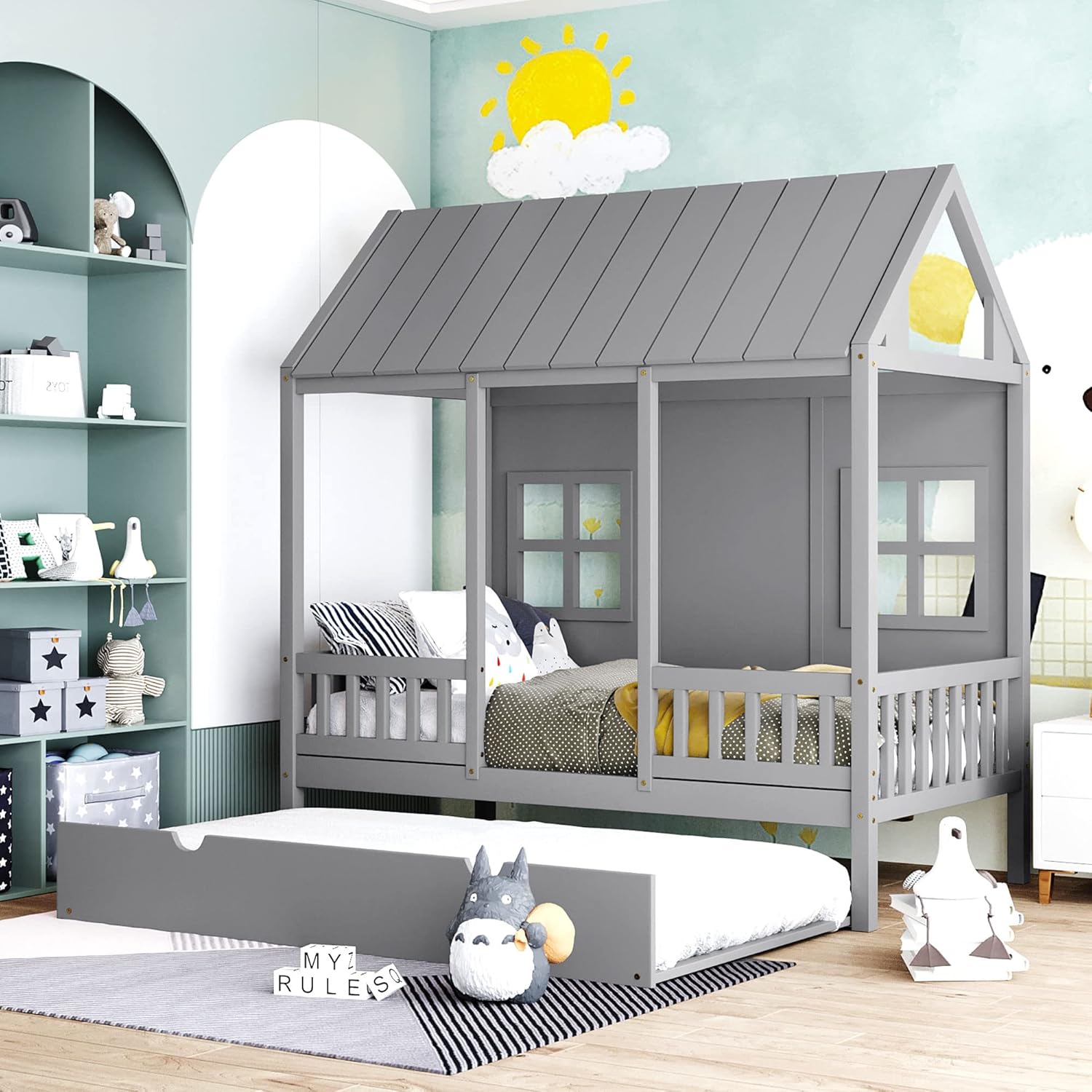 Twin Size House Bed with Twin Trundle, Wooden House-Shaped Daybed with 2 Windows and Safety Full-Length Guardrails for Kids Boys Girls Bedroom