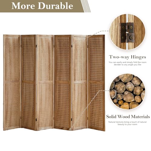 4 Panel Room Dividers and Folding Privacy Screens, 5.6Ft Wooden Pegboard Display, Privacy Dividers for Bedroom