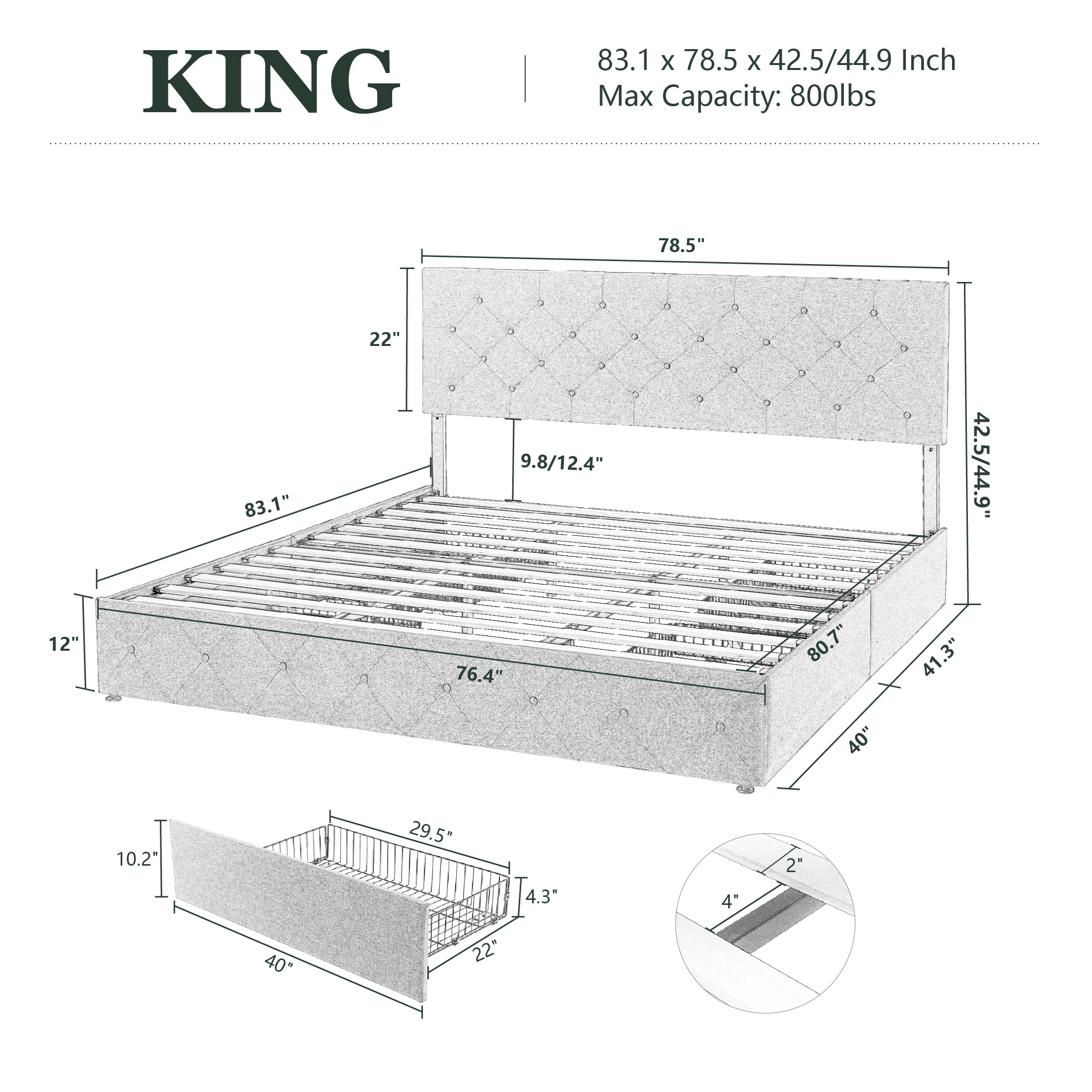 Amolife King Size Platform Bed Frame with Headboard and 4 Drawers, Dark Grey - Radiant Selections