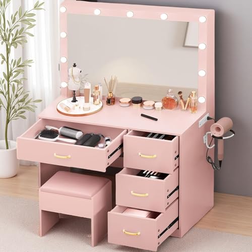 YITAHOME Vanity Desk Set with Large 35" LED Mirror and Lights, Makeup Table with 4 Drawers & Stool, 2 AC Outlets and 2 USB Ports, Adjustable Lighting