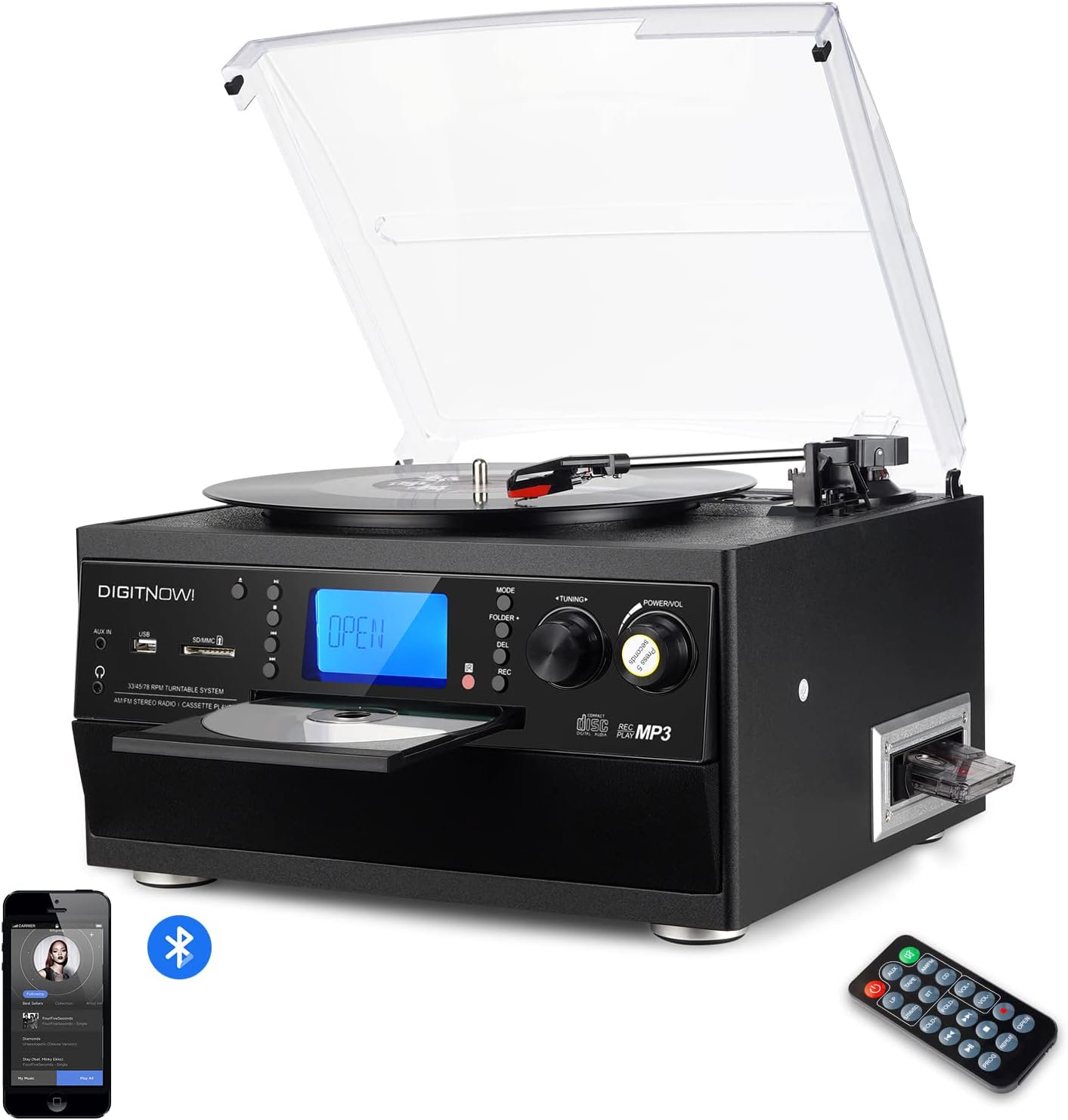 DIGITNOW Bluetooth Record Player Turntable with Stereo Speaker, LP Vinyl to MP3 Converter with CD, Cassette, Radio, Aux in and USB/SD Encoding