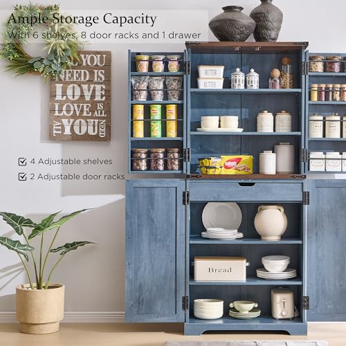 72" Tall Kitchen Pantry, Farmhouse Storage Cabinet with Barn Doors, Organizer, Drawer and Adjustable Shelves, Rustic Wood Cupboard for Kitchen