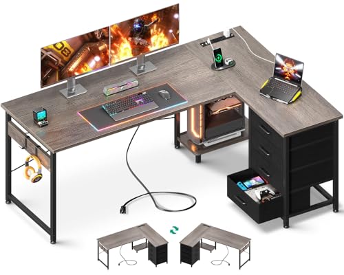 AODK L Shaped Gaming Desk with 4 Drawers, 61" Reversible Home Office Desks with Power Outlets