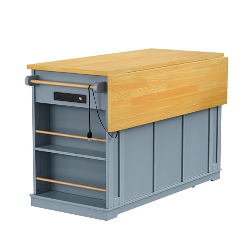 Farmhouse Kitchen Island with Power Outlet, Drop Leaf, Spice Rack and Drawer,Rolling Kitchen Cart on Wheels