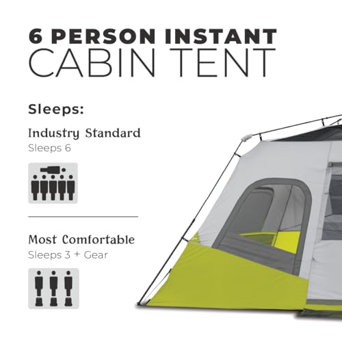 CORE Instant Cabin Tents | 6 Person / 9 Person / 10 Person / 12 Person Family Cabin Multi Room Pop Up Tents Car Camping | Included Storage Pockets