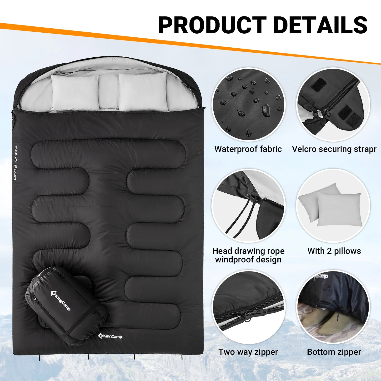 KingCamp Double Sleeping Bag with 2 Pillows for Adult 2 Person 3 Season Camping Sleeping Bag (Blue,6.8℉-41℉)