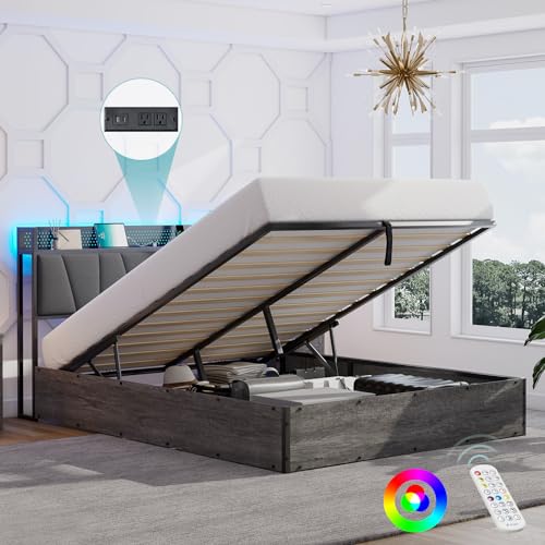 Full Size Lift Up Storage Bed Frame with LED Lights, Linen Upholstered Headboard with Charging Station, Wooden LED Light Platform Bed Frame