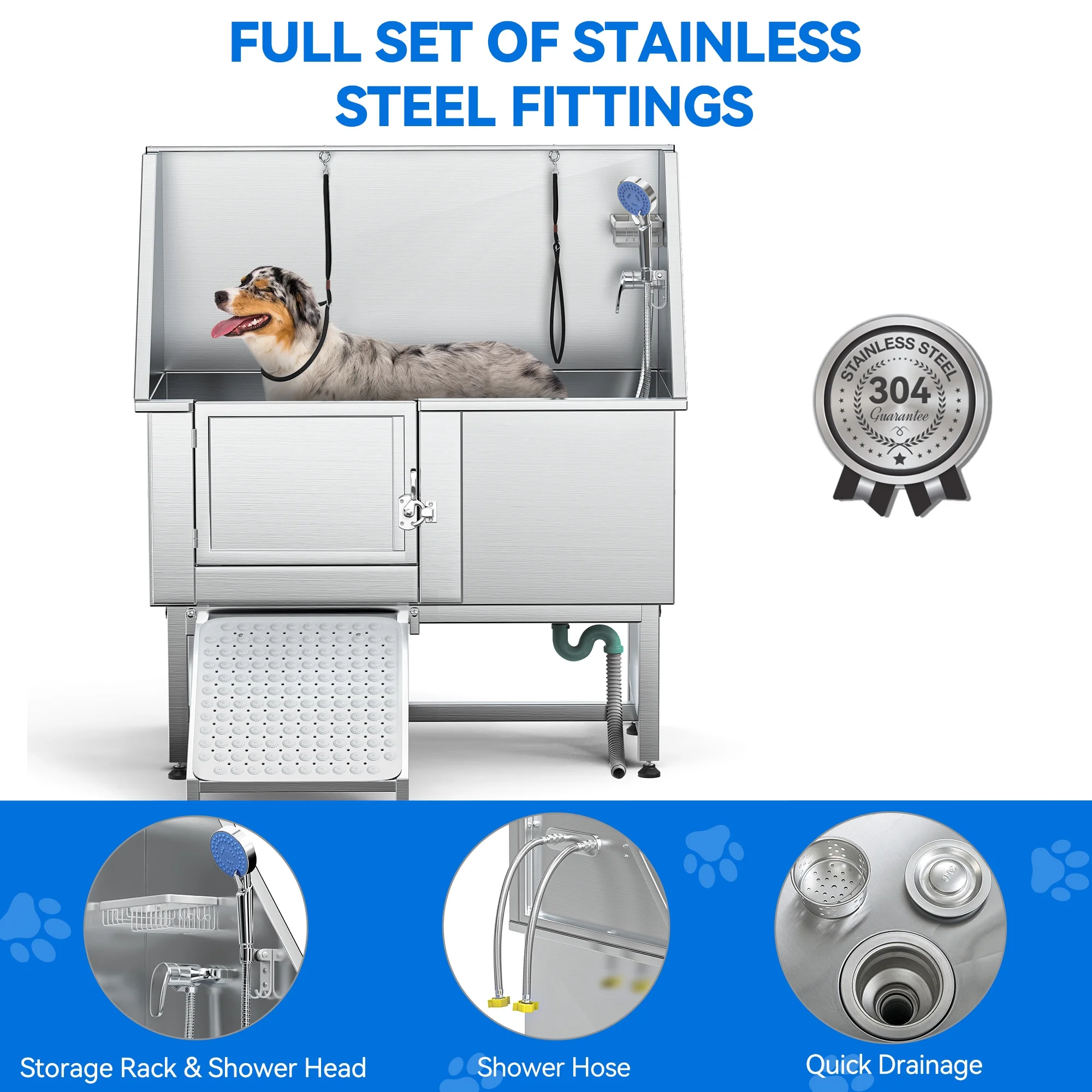 Dextrus 50" Dog Grooming Tub 304 Stainless Steel Professional Dog Bathing Station with Ramp