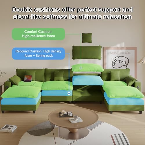 Modular Sectional Sofa, Cloud Couch with Ottoman, Charging Station, Throw Pillows, Cup Holders, Modern Convertible U Shaped Couches for Living Room