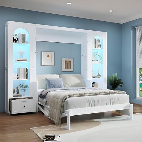 Queen Size Murphy Bed with Desk & Charging Station,Wall Bed Frame Folding into Cabinet Design w/LED & Storage Shelf for Small Space,Bedroom