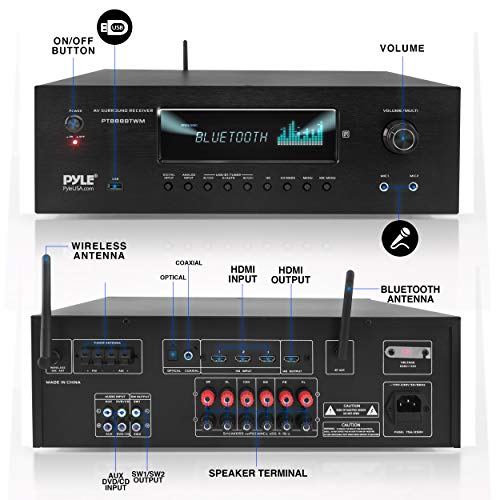 Pyle 1000W 5.2 Channel Home Theater Receiver - Bluetooth 5.0 - Amp w/ 2 UHF Wireless Mics - 4K UHD/3D/Blu-ray Pass-Through