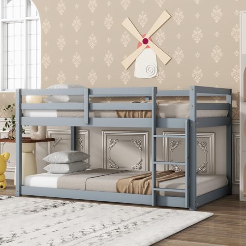 Bunk Bed Twin Over Twin, Wood Low Profile Floor Twin Bunk Beds with Ladder Guardrails for Kids Boys and Girls, No Box Spring Needed