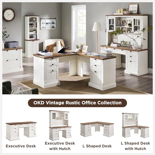 OKD 60" Executive Desk with Drawers, Farmhouse Home Office Desk with Charging Station, Keyboard Tray, File Cabinet Storage