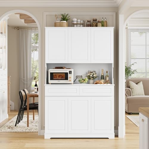 74" Pantry Cabinet, Tall Kitchen Pantry Cabinet with 6 Doors and 2 Drawers, Kitchen Hutch with Wide Countertop