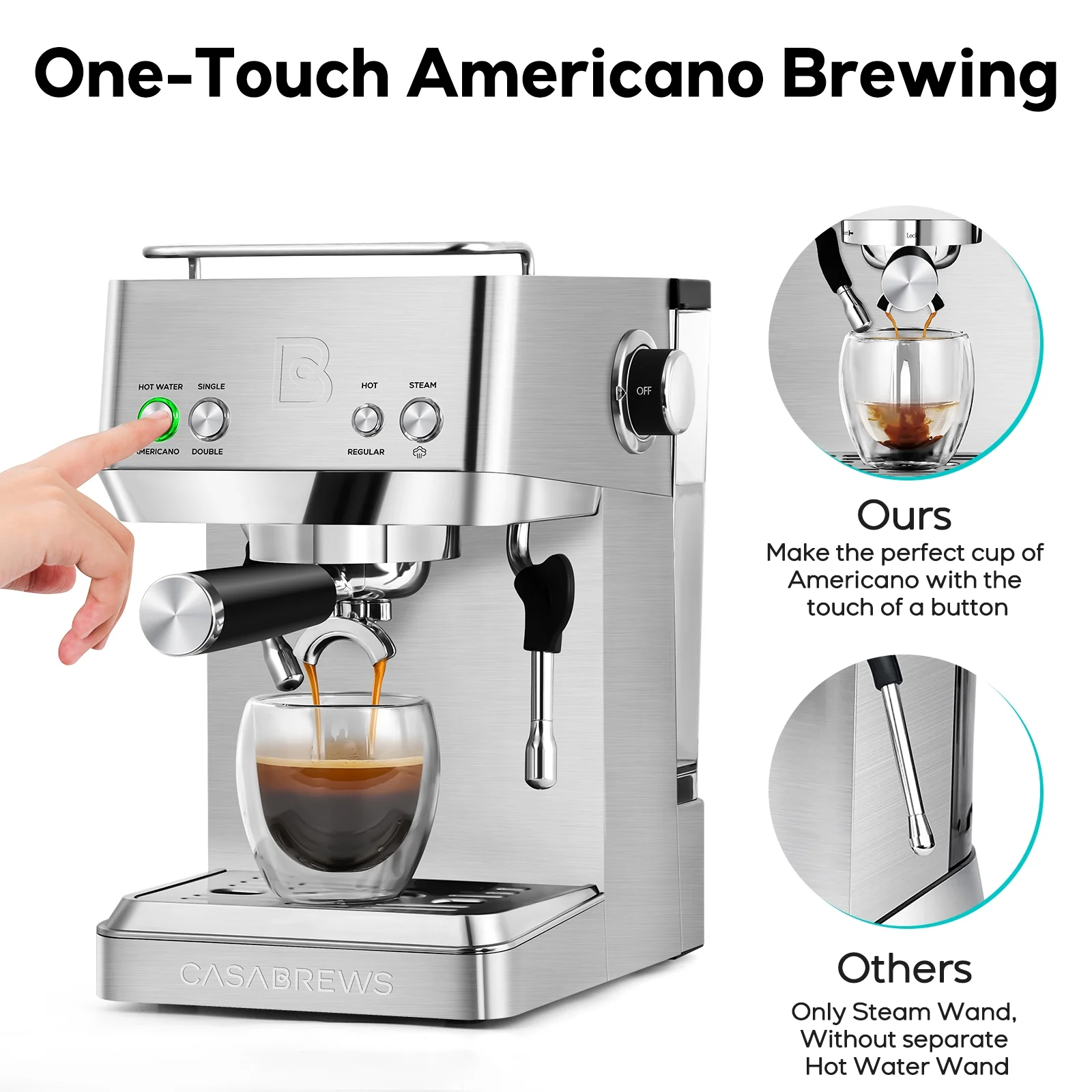 Casabrews 20 Bar Espresso Machine, One-Touch Americano Brewing, 51oz Removable Water Tank, Silver, New