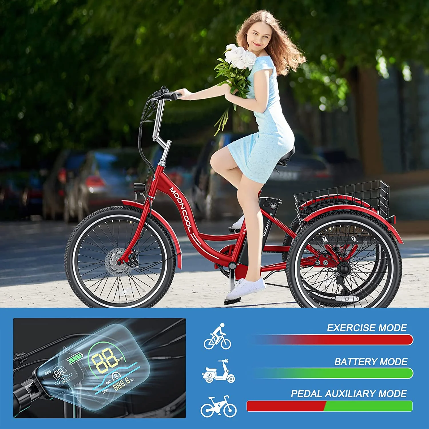 Mooncool 24 26 3 Wheel Electric Tricycle for Adults