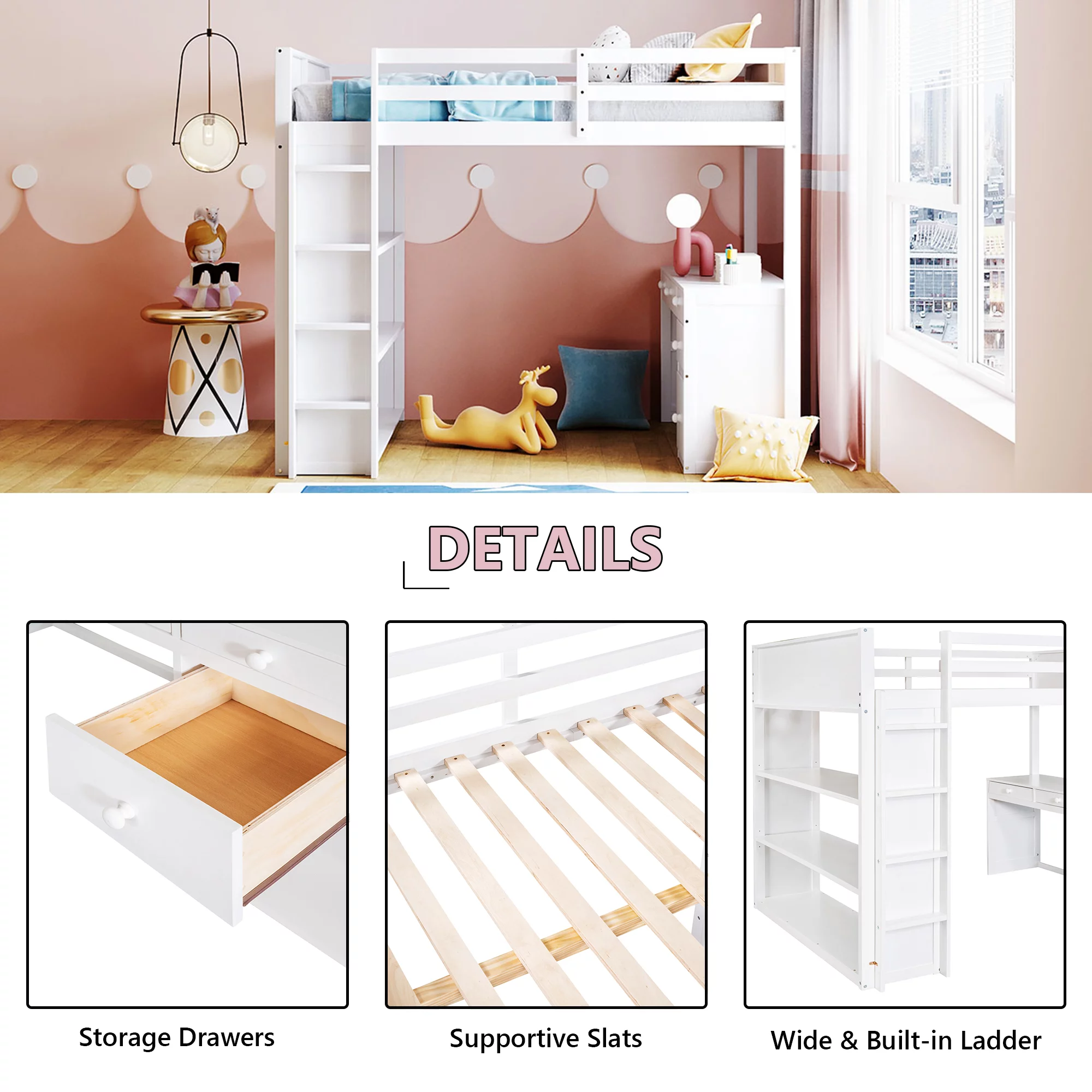 Bellemave Full Size Loft Bed with Desk and Shelves, Wood High Loft Bed Frame with Storage and Ladder, for Kids Teens Adults, White