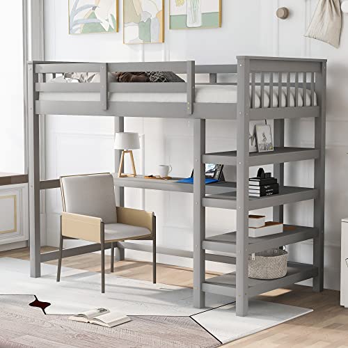 Harper & Bright Designs Full Loft Bed with Desk and Wardrobe,Solid Wood Loft Bed Frame Full with Storage Drawers for Kids Teens Adults