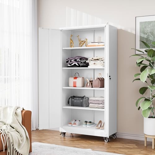 Metal Garage Storage Cabinet with Wheels,Metal Storage Cabinet with Adjustable Shelves,Steel Tool Cabinets with Locking Door for Home, School, Office