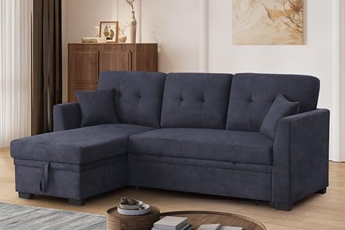 L-Shaped Pull Out Sleep Sofabed,Modern Reversible Sleeper Sectional Sofa Chenille Upholstered Button Tufted Decor with Storage Chaise