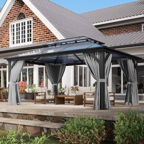 Aoxun 12'x10' Hardtop Gazebo, Aluminum Frame Permanent Pavilion with Curtains and Netting, Outdoor Polycarbonate Double Roof Canopy