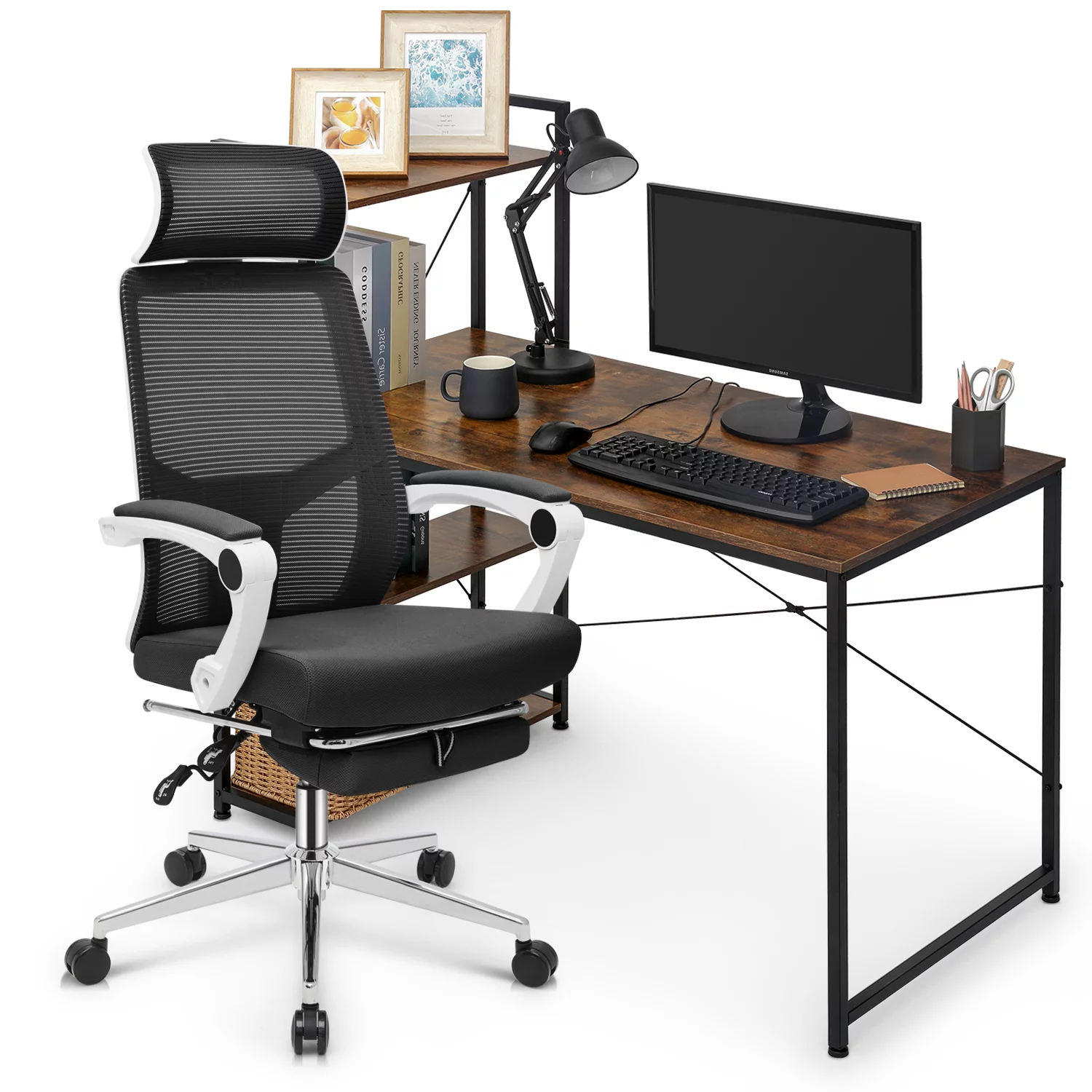 MoNiBloom Computer Desk & Chair Set, Ergonomic High Back Chair and Study Writing Table with Display Bookshelf, Black