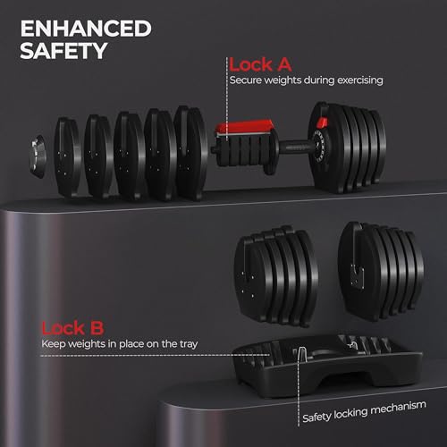 Yaheetech Adjustable Dumbbell Set 28/40/52.5/90LBS Adjustable Dumbbells Fast Adjust Dumbbell Weight Set with Anti-Slip Handle and Tray for Men/Women