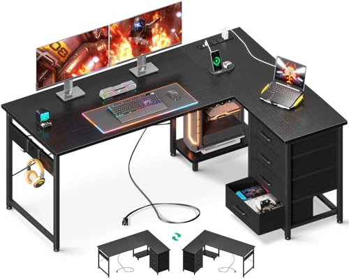 AODK L Shaped Gaming Desk with 4 Drawers, 61" Reversible Home Office Desks with Power Outlets