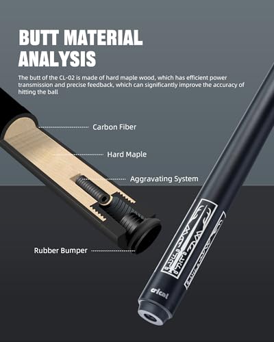 CRICAL Carbon Fiber Pool Cue Stick 58" Billiard Cue Sticks Professional Low Deflection Pool Sticks with 3/8 * 8 Pin Joint and 12.5mm Tip