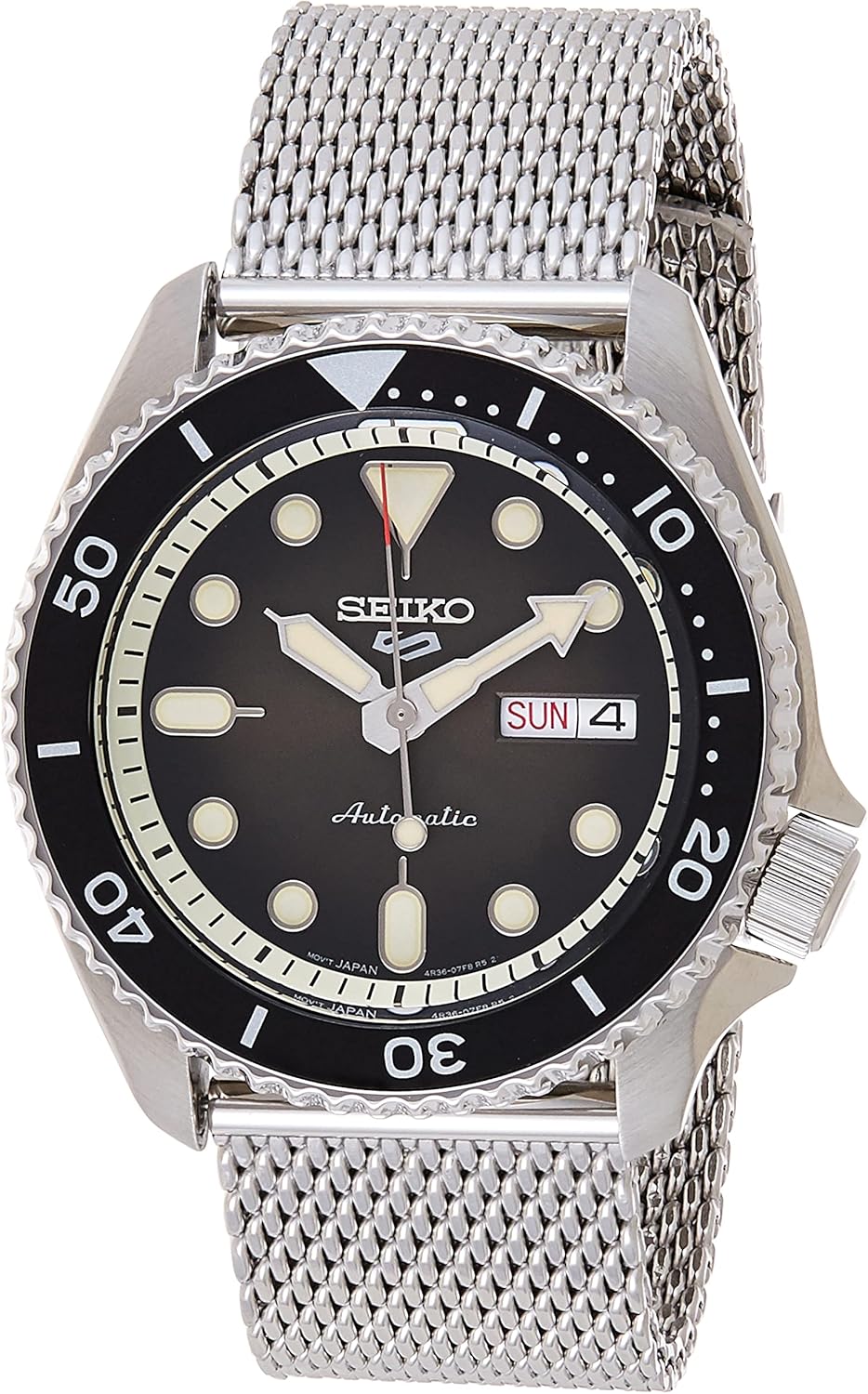 SEIKO SRPD73 Watch for Men - 5 Sports - Automatic with Manual Winding Movement, Black Dial with Black Bezel, Stainless Steel Case and Mesh Bracelet