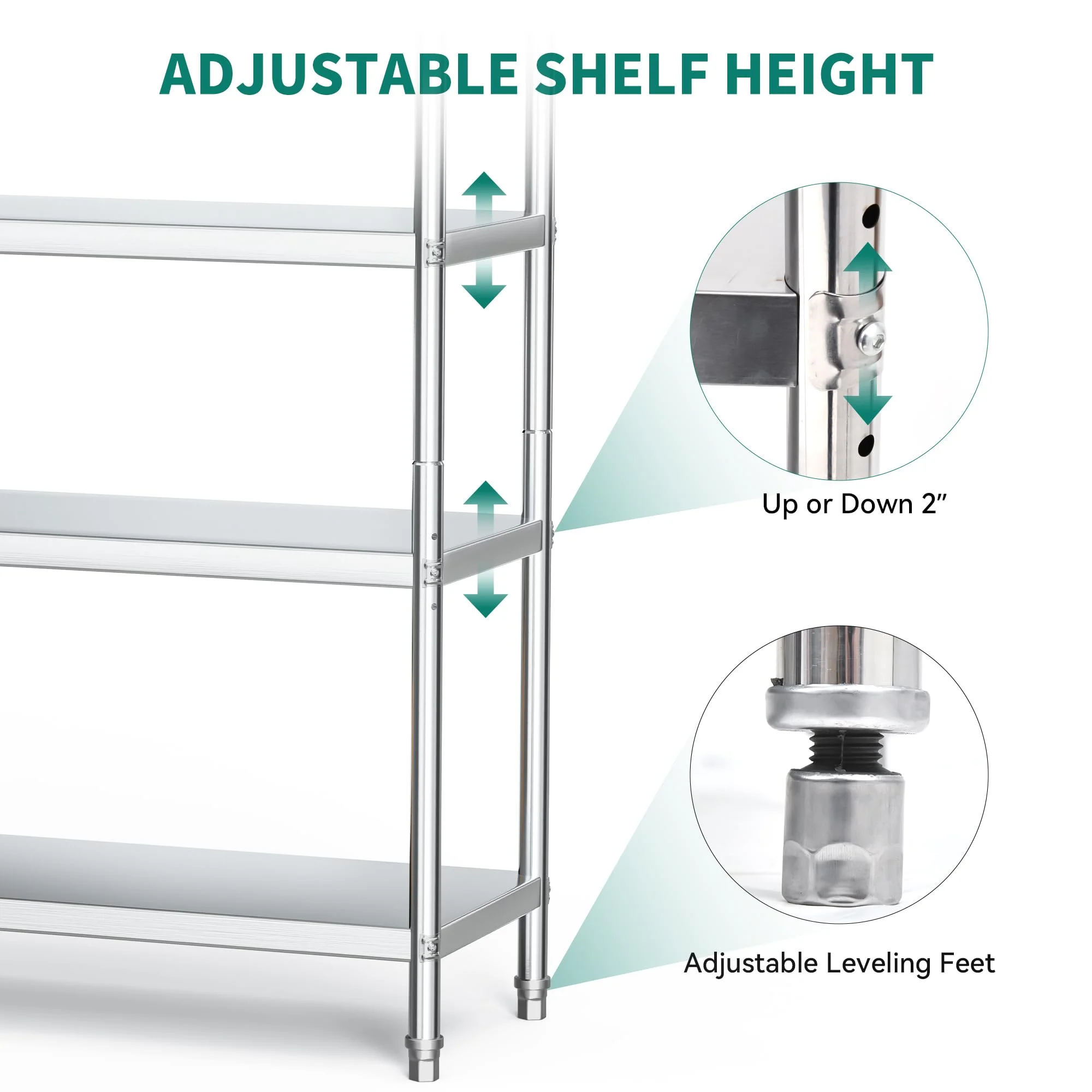 Dextrus Stainless Steel Shelves, 48"*18"*72" 5 Tier Storage Shelf, Heavy Duty Shelving for Kitchen Garage Office Restaurant Warehouse