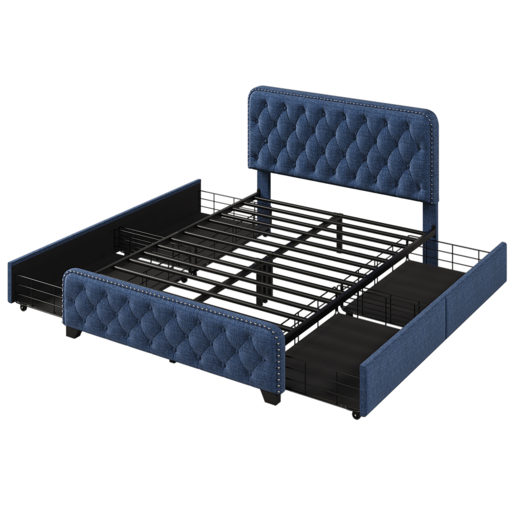 Upholstered Platform Bed Frame with Four Drawers, Button Tufted Headboard and Footboard Sturdy Metal Support, No Box Spring Required, Blue