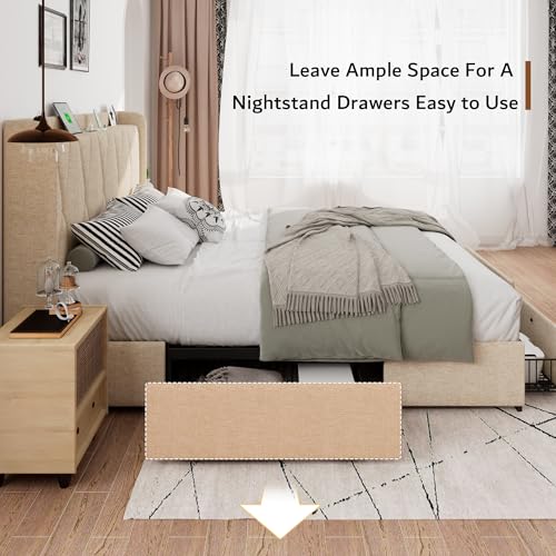 iPormis Queen Bed Frame with 4 Storage Drawers, Upholstered Platform Bed Frame with Charging Station, Modern Wingback Storage Headboard