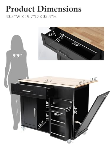 Kitchen Island with Storage, 31.5" D Rolling Kitchen Island Cart on Wheels with Widen Drop Leaf Rubberwood Top