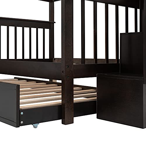 Harper & Bright Designs Twin Over Twin Bunk Bed with Stairs and Trundle, Solid Wood Stairway Bunk Bed Frame with Storage