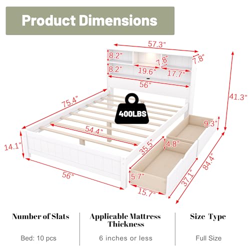 Twin Size Platform Bed with Bookcase Headboard, USB Charging Station and Downlight,Wood Twin Capatain Bed Frames with 2 Storage Drawers