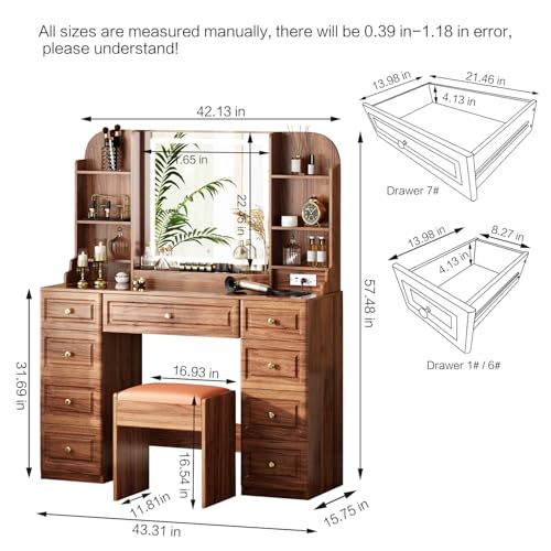 43" Makeup Vanity Desk with Mirror and Lights, & Power Outl, Glass Top Big Vanity Table with 9 Drawers& 8 Storage Shelves