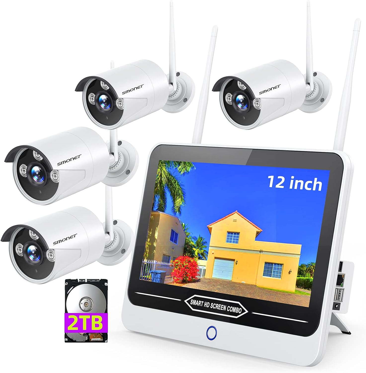 3MP Wireless Security Camera System with 12” Monitor 2TB Hard Drive,SMONET 8CH WiFi Home Surveillance NVR Kits