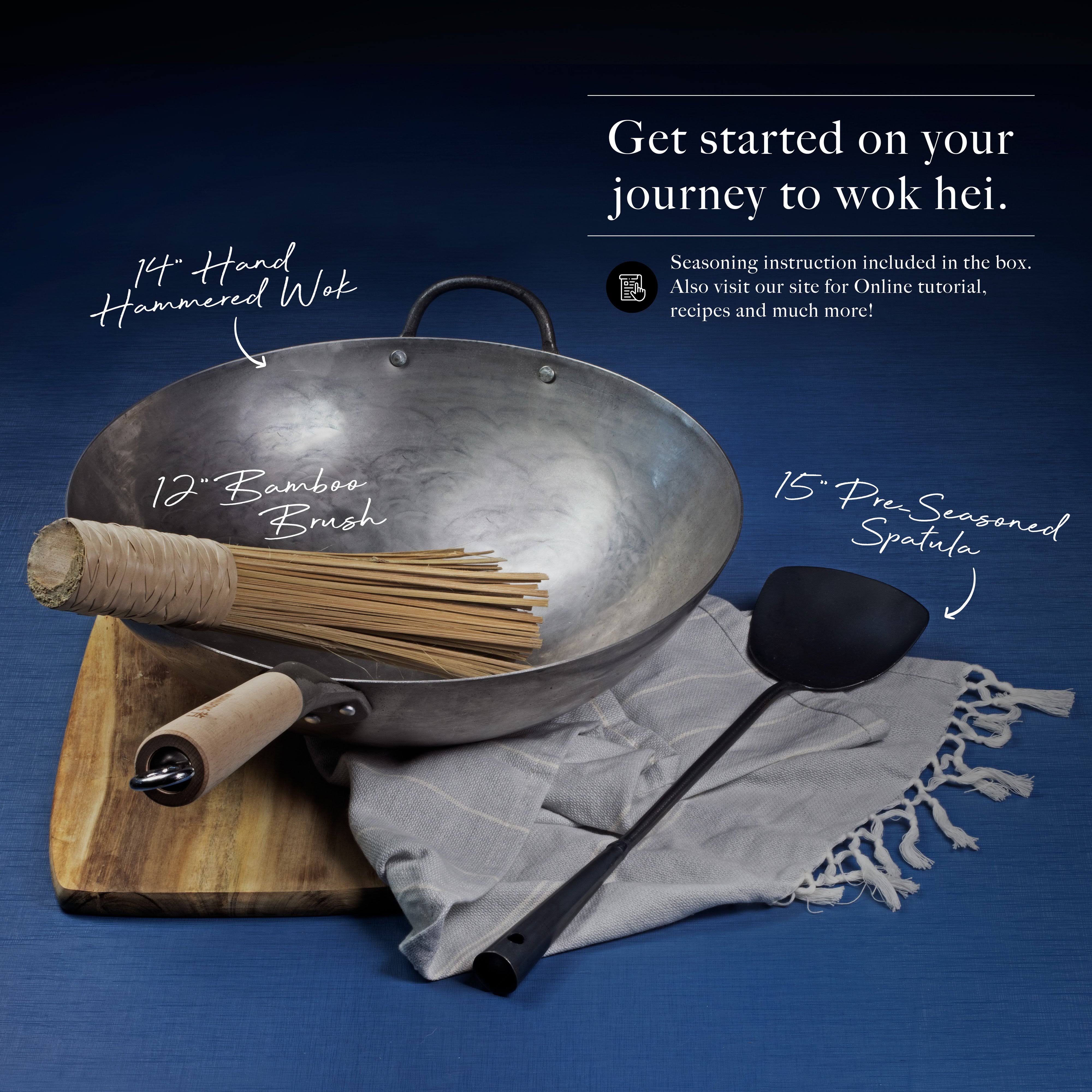 Authentic 14 inch Hand Hammered Round Bottom Carbon Steel Wok Set Starter Kit with Wok Spatula and Bamboo Brush CA Warehouse by