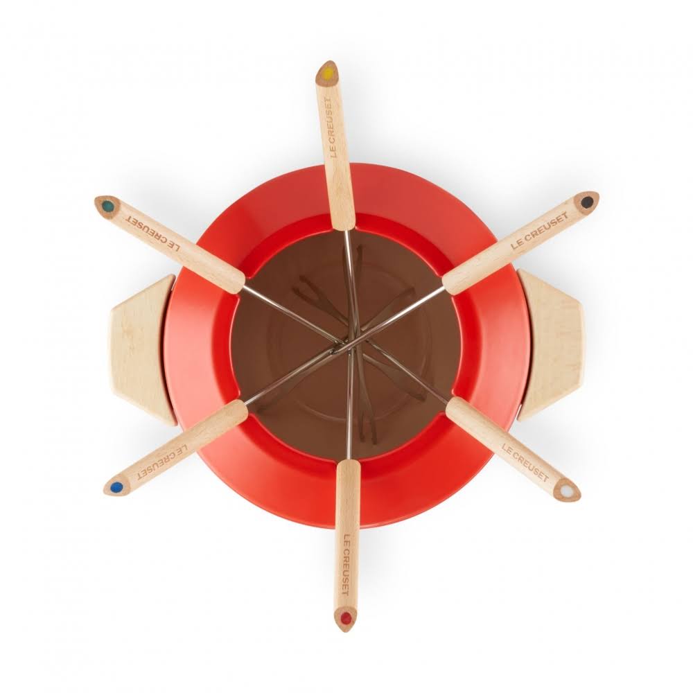 Le Creuset Cast Iron Fondue Set with Wooden Handle Cerise