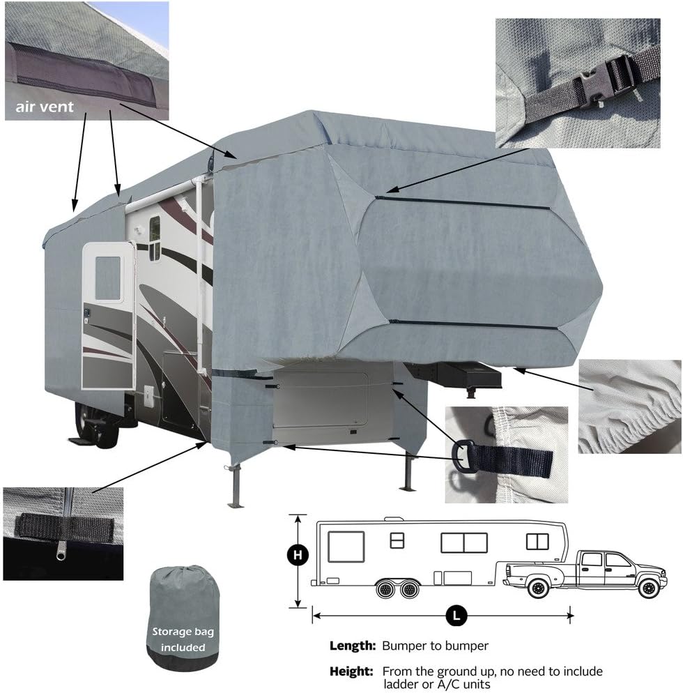 SavvyCraft Deluxe 4-Layer 5th Wheel RV Travel Trailer Camper Cover Fits from 37'-41'L Extra Tall (140 H) W/Zipper Access